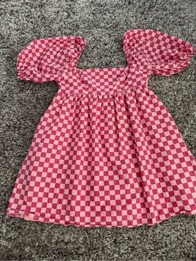 moodie Pink Checkered Square-Neck Puff Sleeve Mini Dress with pockets!